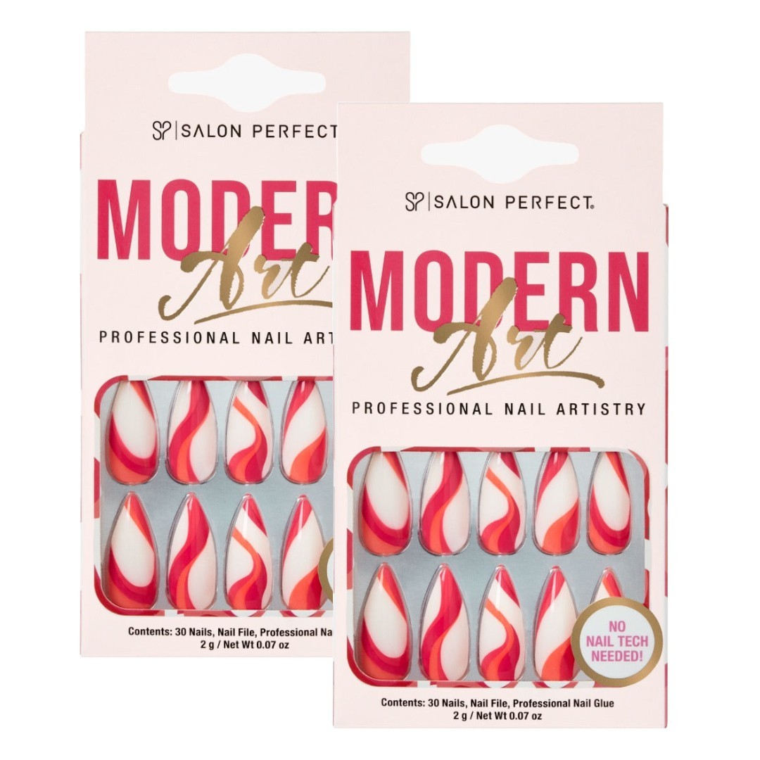 2 Salon Perfect Modern Art Press On Nails, Red Swirl Fake Nail Kit, 30 Pieces