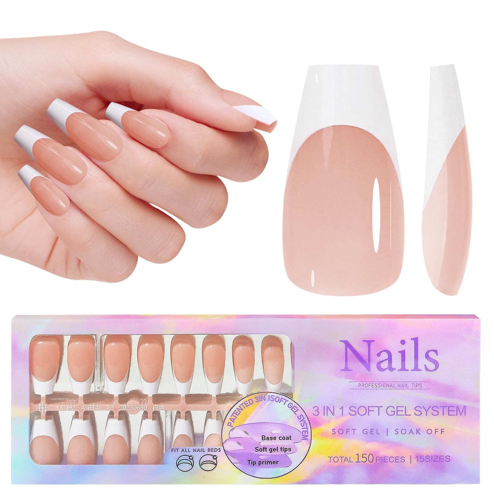 French Gel Nail Tips – 150pcs Medium Coffin Soft Gel Fake Nails, Pre-Primed w…