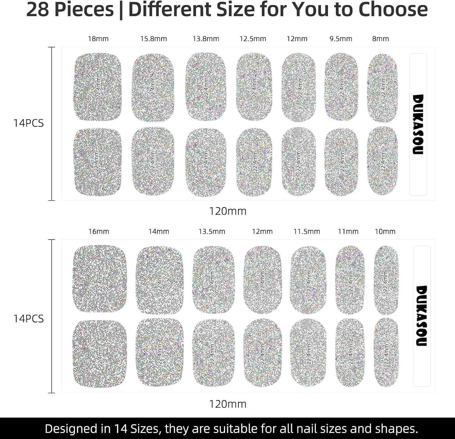 28Pcs Semi Cured Gel Nail Strips (Sliver Glitter), Gel Nail Stickers Work with A
