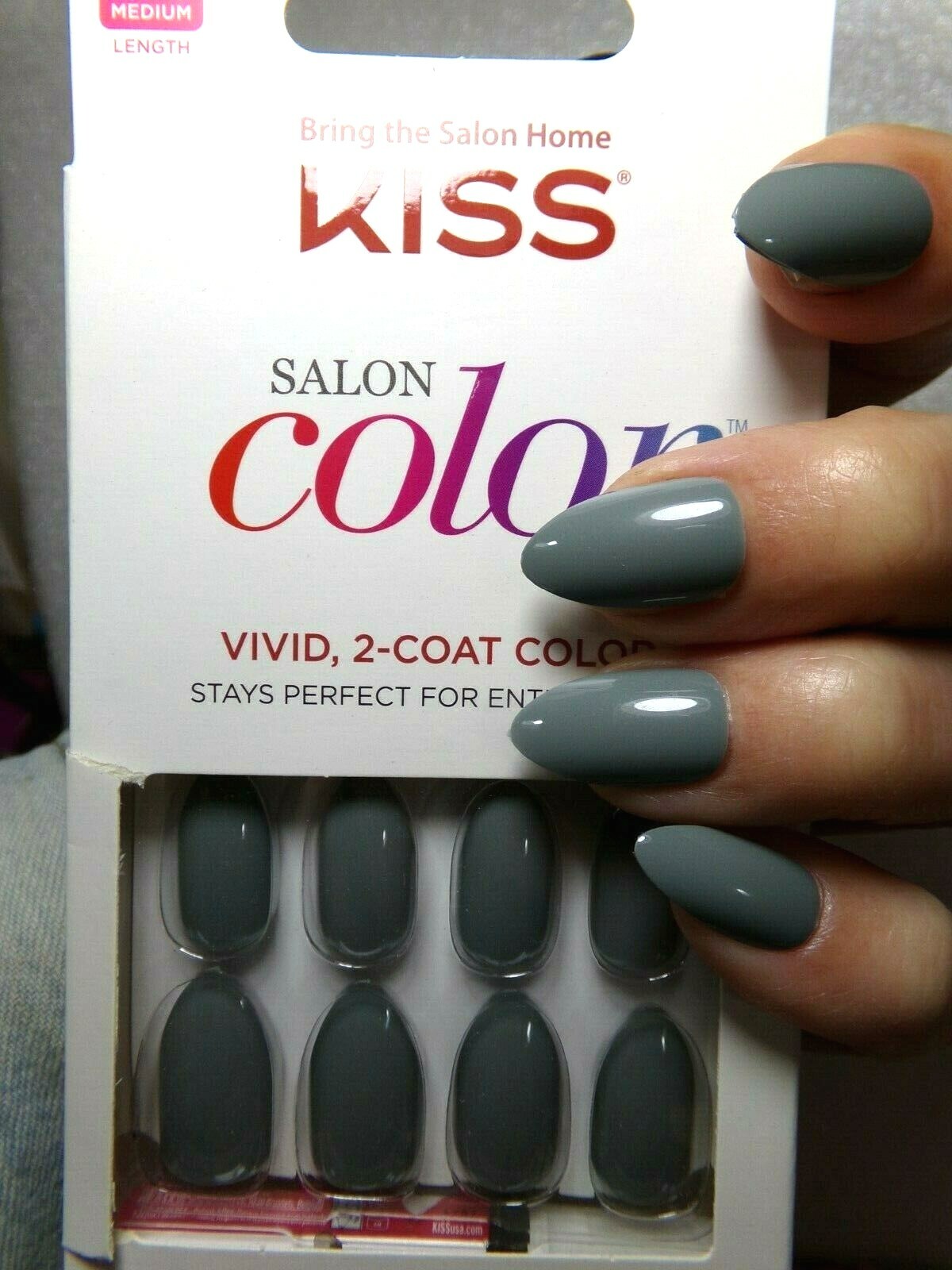 Kiss Salon Color Shiny Stone Gray Glue On Nail Medium Almond