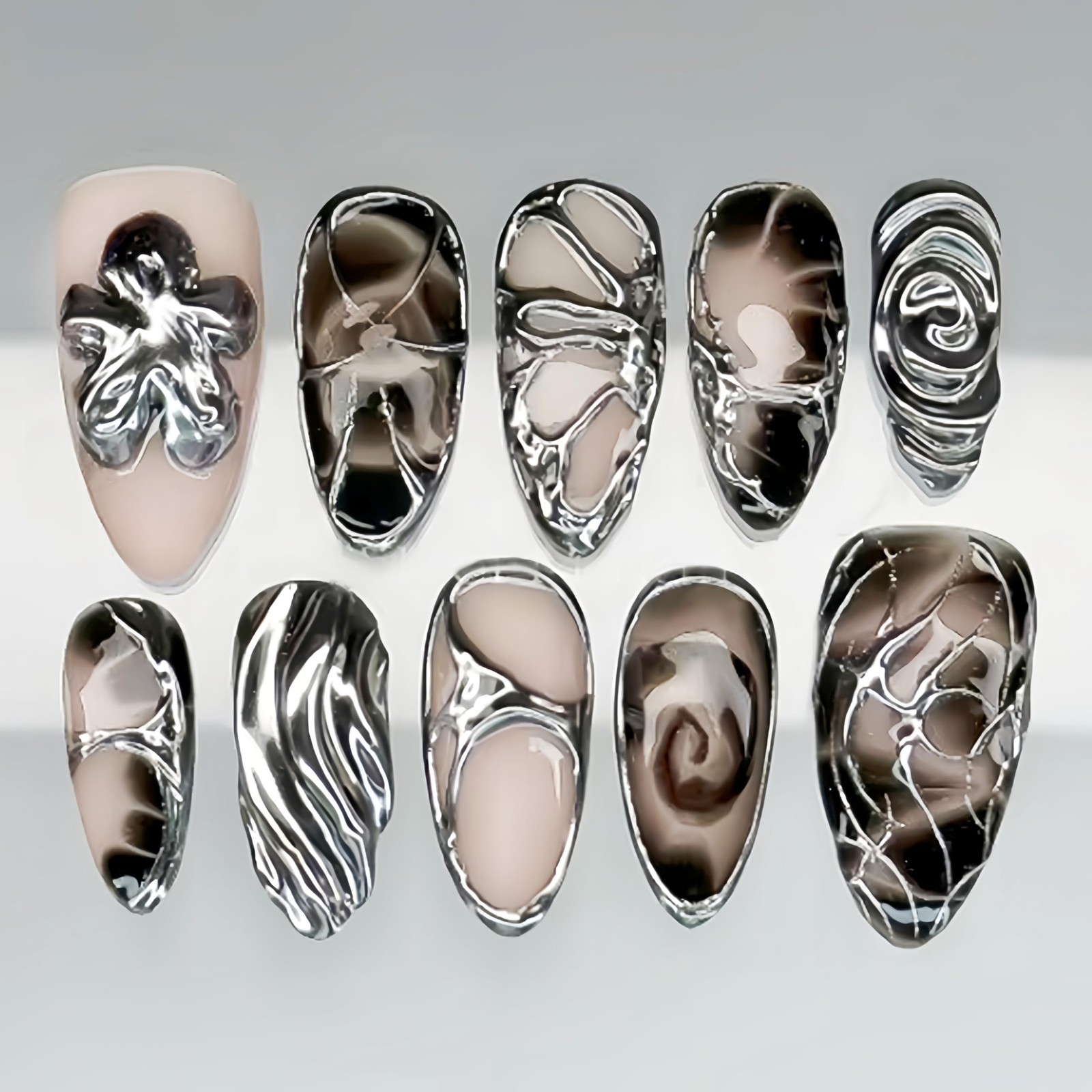 Silver Press on Nails Medium Almond Fake 3D Almond, Multicolor