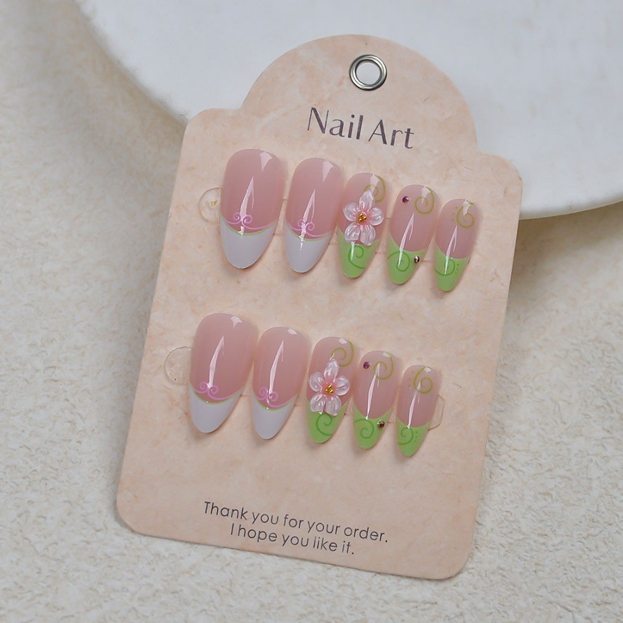 48Pcs-Long Almond Light Green French Cherry Blossom Rhinestone Press on Nails