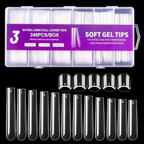 3XL Square Nail Tips, 240PCS Clear Full Cover 240 No c curve Full Cover Square