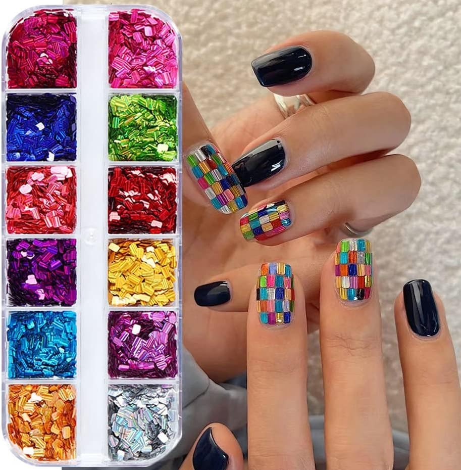 Holographic Nail Glitter Flakes, 12 Colors Rectangle Sparkly Nail Square