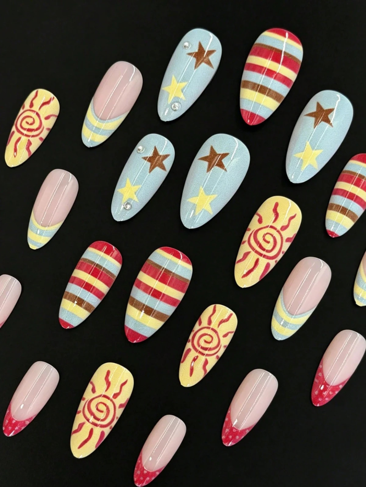 24PCS Y2K Alien Press On Nails Short Oval UFO Rainbow Space Full Cover Reusable