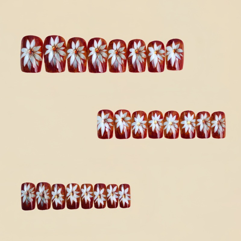 48 Pcs of Brown Flower Medium Long European Square Nail Patch,suitable for Women