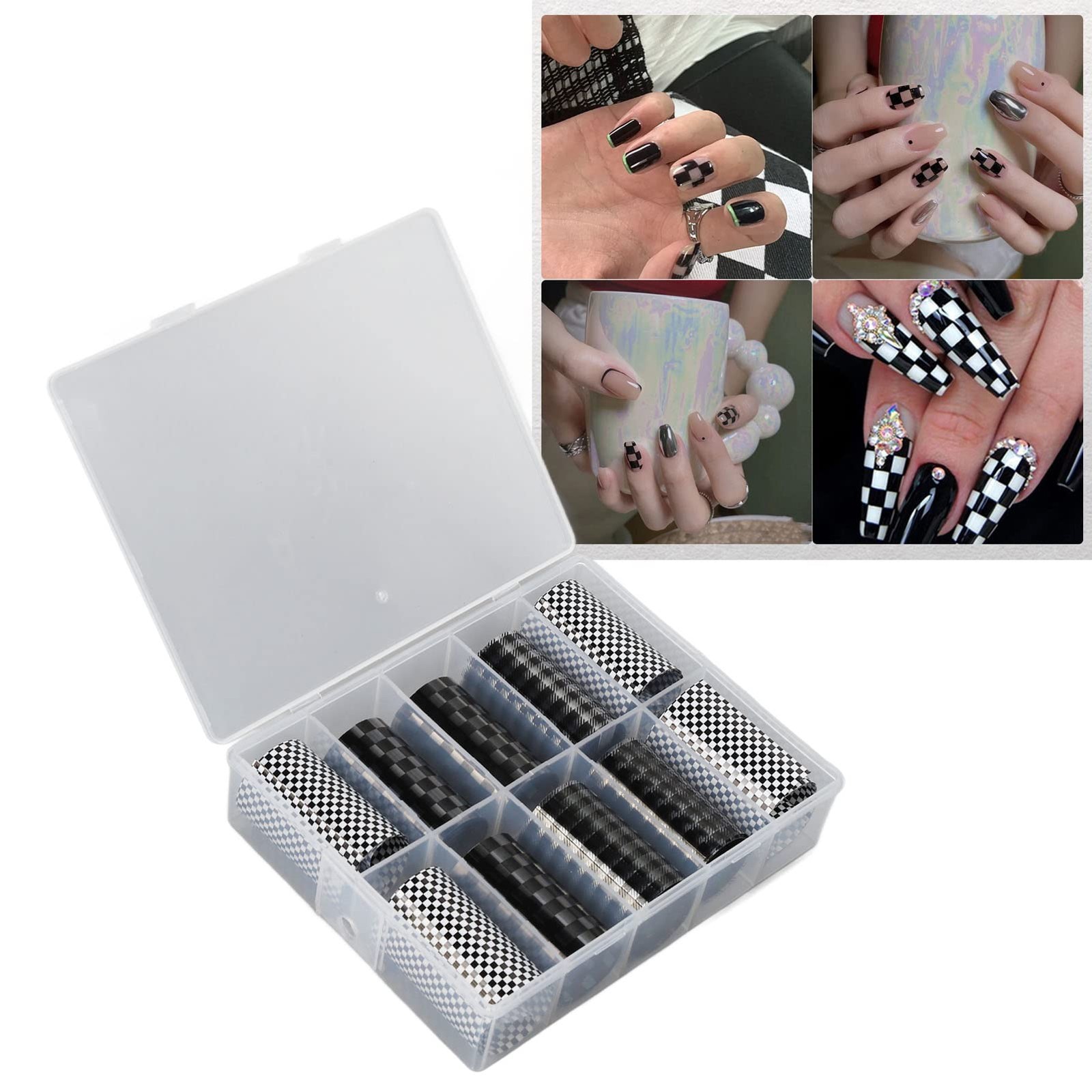 1 Box Nail Foil Transfer Stickers Decals, Print Black White Plaid Nail Art St…