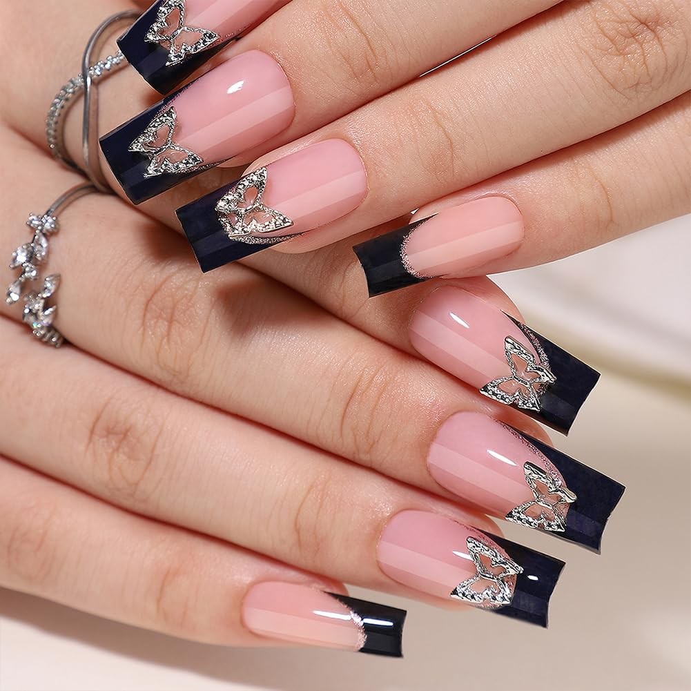 Black French Tip Press On Nails – Long Press On Nails Square Fake Nails with …