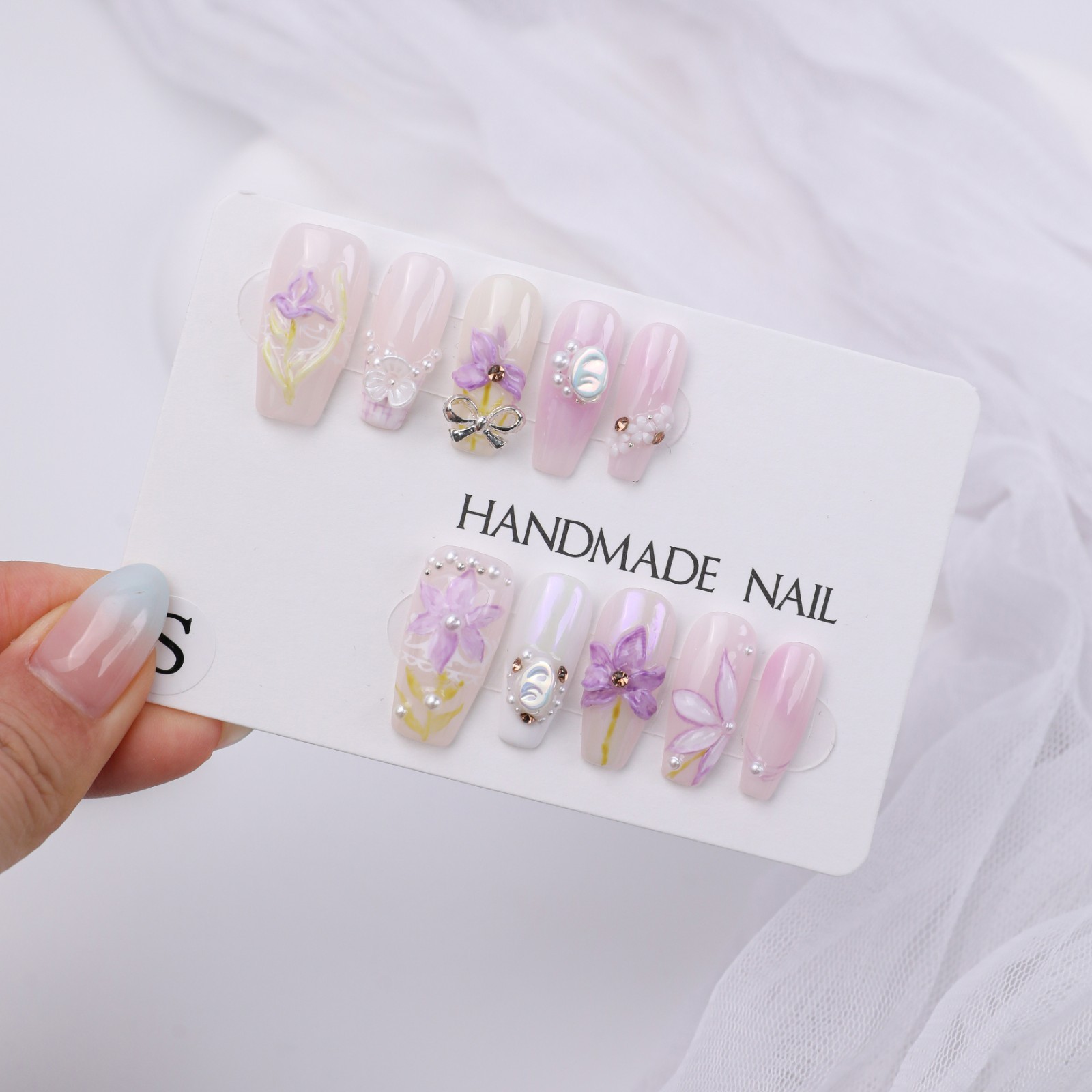 Handmade Pink Purple Lily Press On Nails Medium Coffin Pearl Bow Fairy Elegant