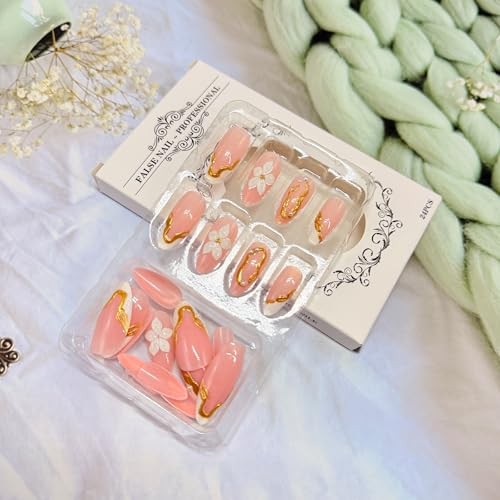 French Press on Nails Almond Medium Fake Nails with Designs 3D Gold Lines