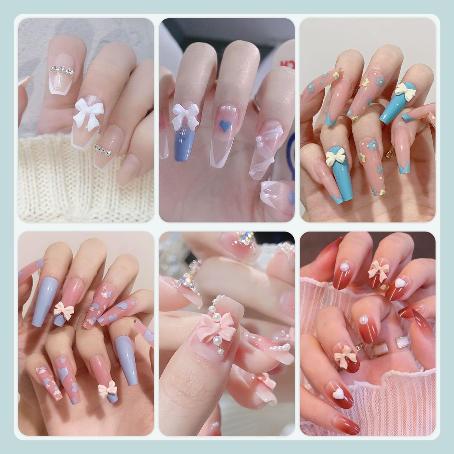 600 Pcs 3D Nail Charms and Flatback Pearls Set 1, 8 Colors Nail Bow Charms + Pin