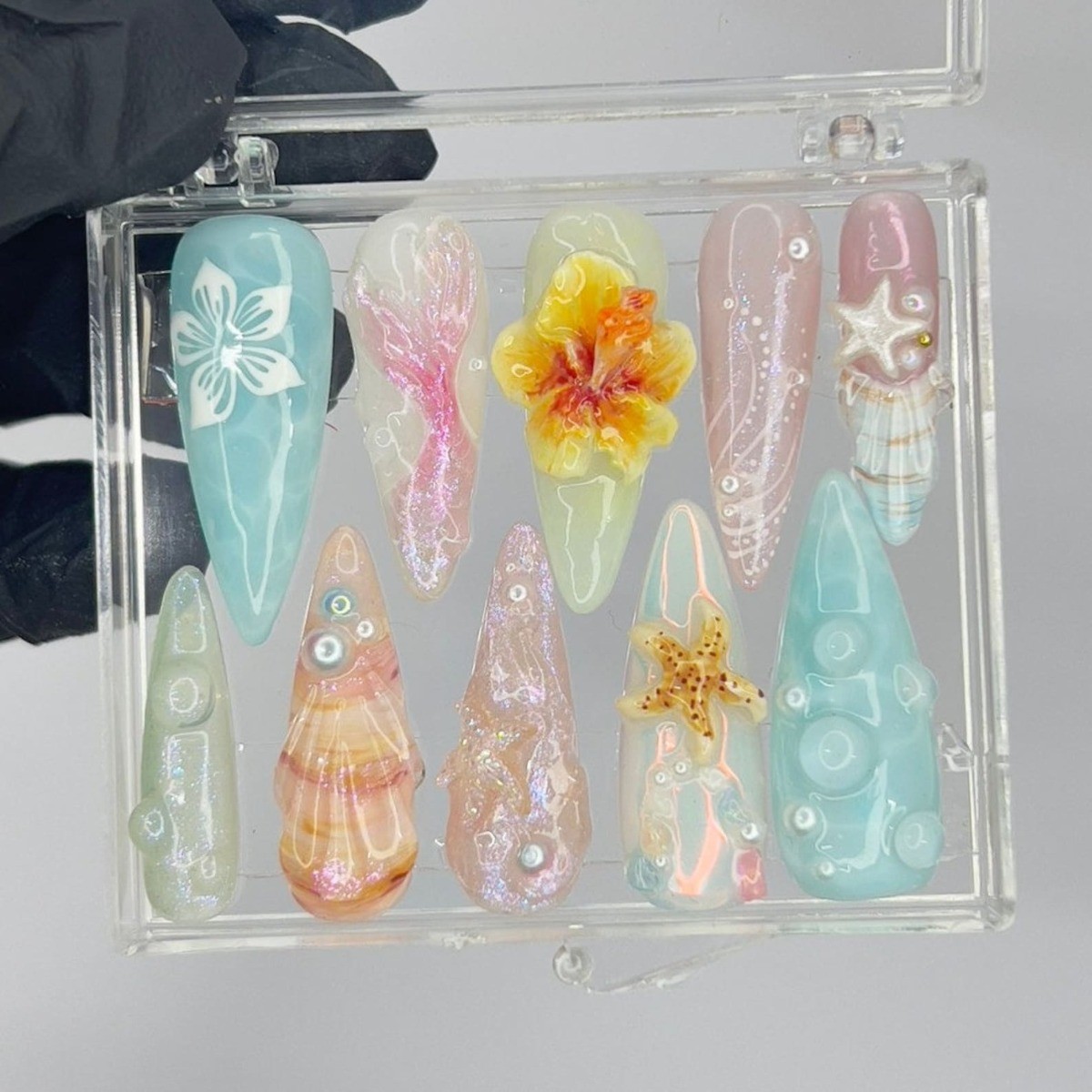 Beach Mermaid Handmade Press on Nails Star Shell Glitter Pastel Fake Nails