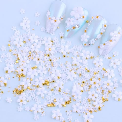 3D White Flower Nail Art Charms – Gold Steel Beads & Resin Floral White, Gold
