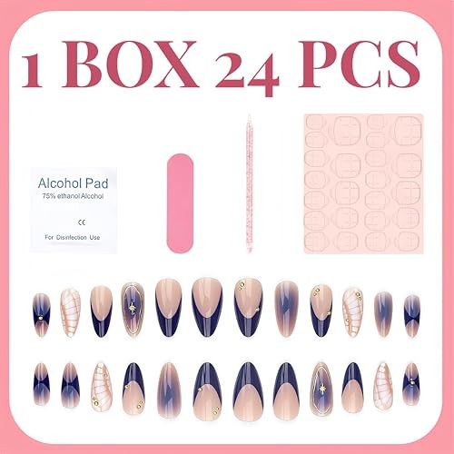 24Pcs Ombre Blue Press on Nails Medium Almond Fake Nails with Rhinestones