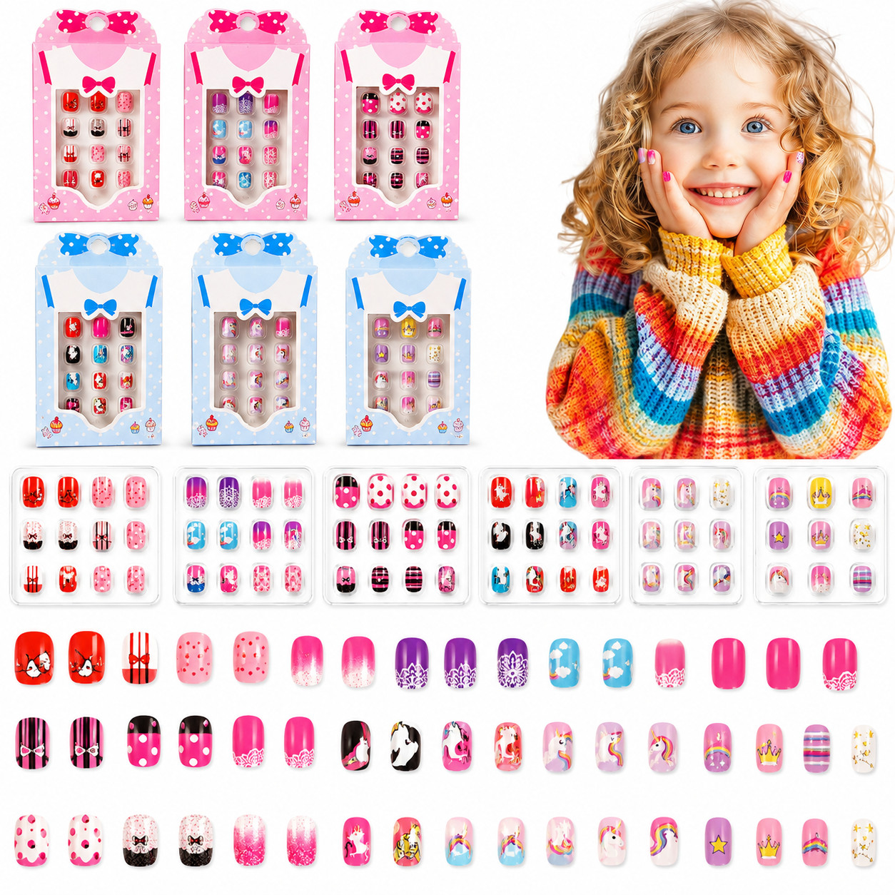 12PCS Kids Press On Nails Fake False Nail Art Set Glue Free Reusable for Girls