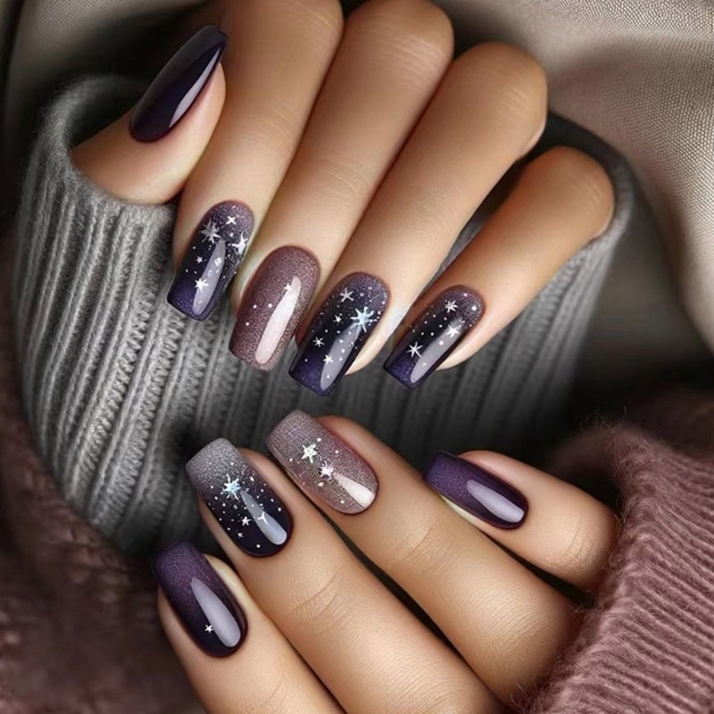 24Pcs Medium Blue Gradient False Nail Starlit Full Cover for Women Girls