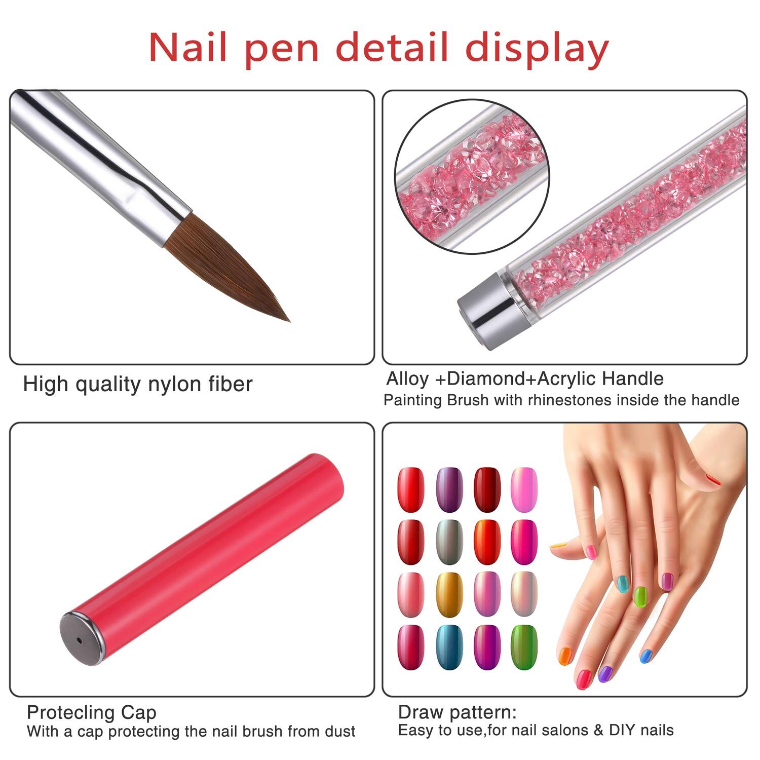 1Pc Acrylic Nail Art Brush Pink Rhinestone Handle Konlinsky Sable Hair #10