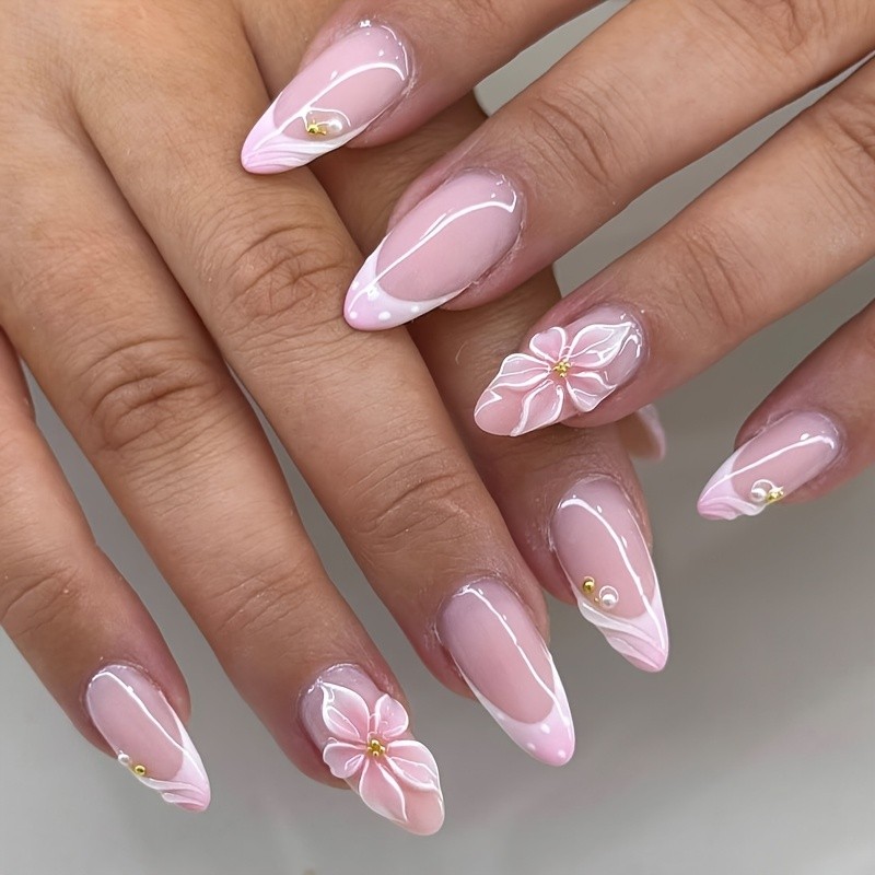 60Pcs-Nude Fake Nails Almond Handsculpt Flower Tiny Pearl Sweet Daily Decor