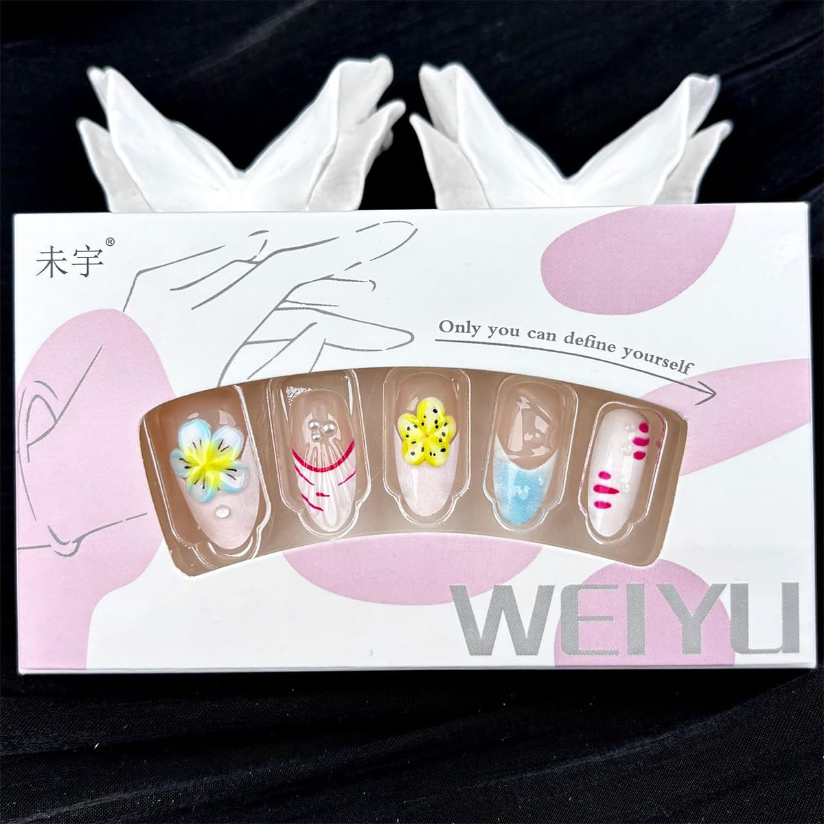 30Pcs Summer Press on Nails Medium Almond Cute Flower Fake Nails Pearl Rhineston