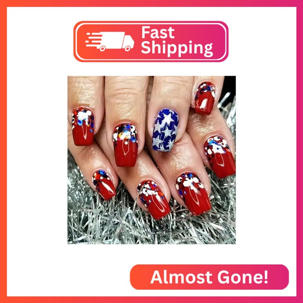 SHUXILIN 24Pcs Square Acrylic Press-On False Nails, 4th of July Flag Design, Gli