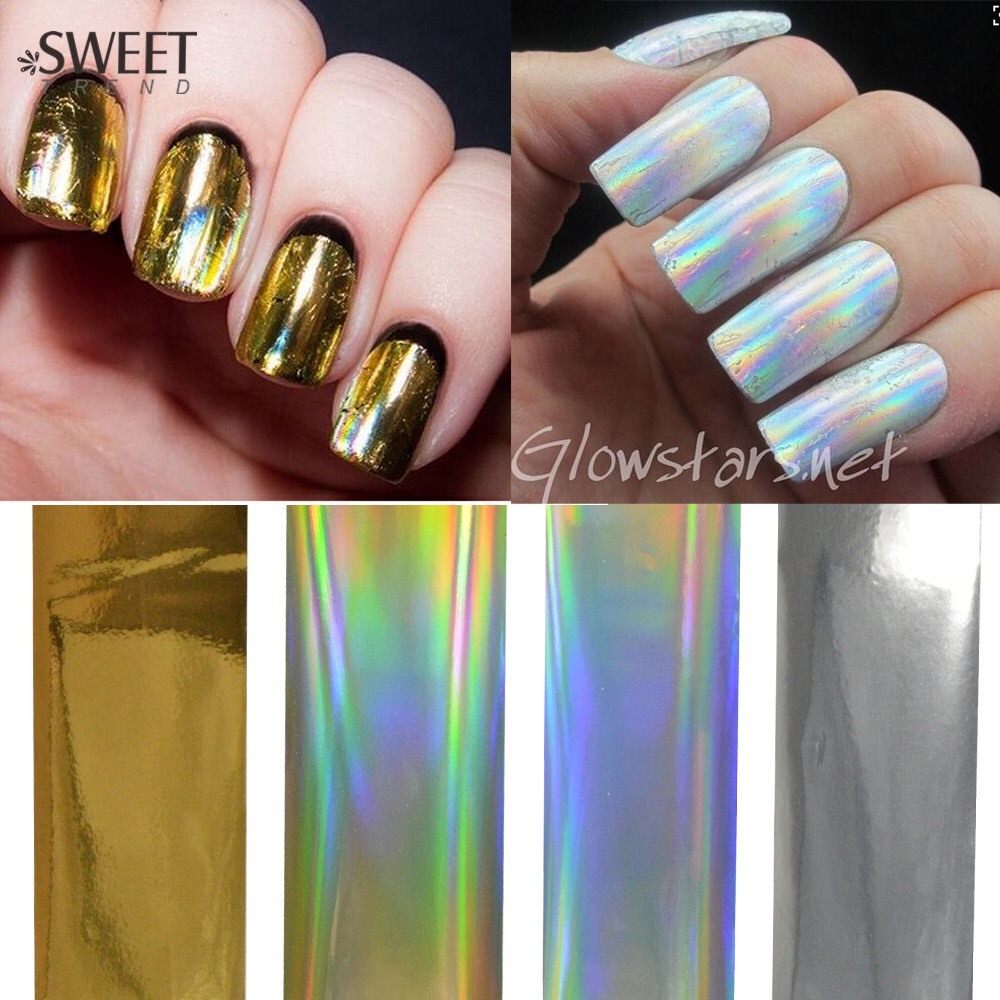 Holographic Nail Foils Wraps Mirror Shine Stickers Silver Gold 4pc x 20cm SET