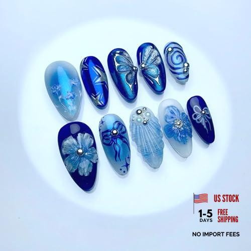 24Pcs Blue Flowers Press on Nails – Medium Almond Fake Nails – Blue Colorful -17