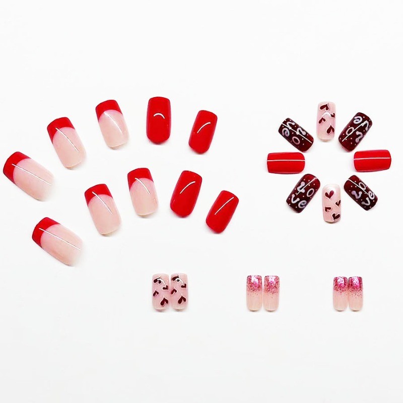 Cute Love Themed Press on Nails with Heart Prints, “Love” Lettering and Sparkle