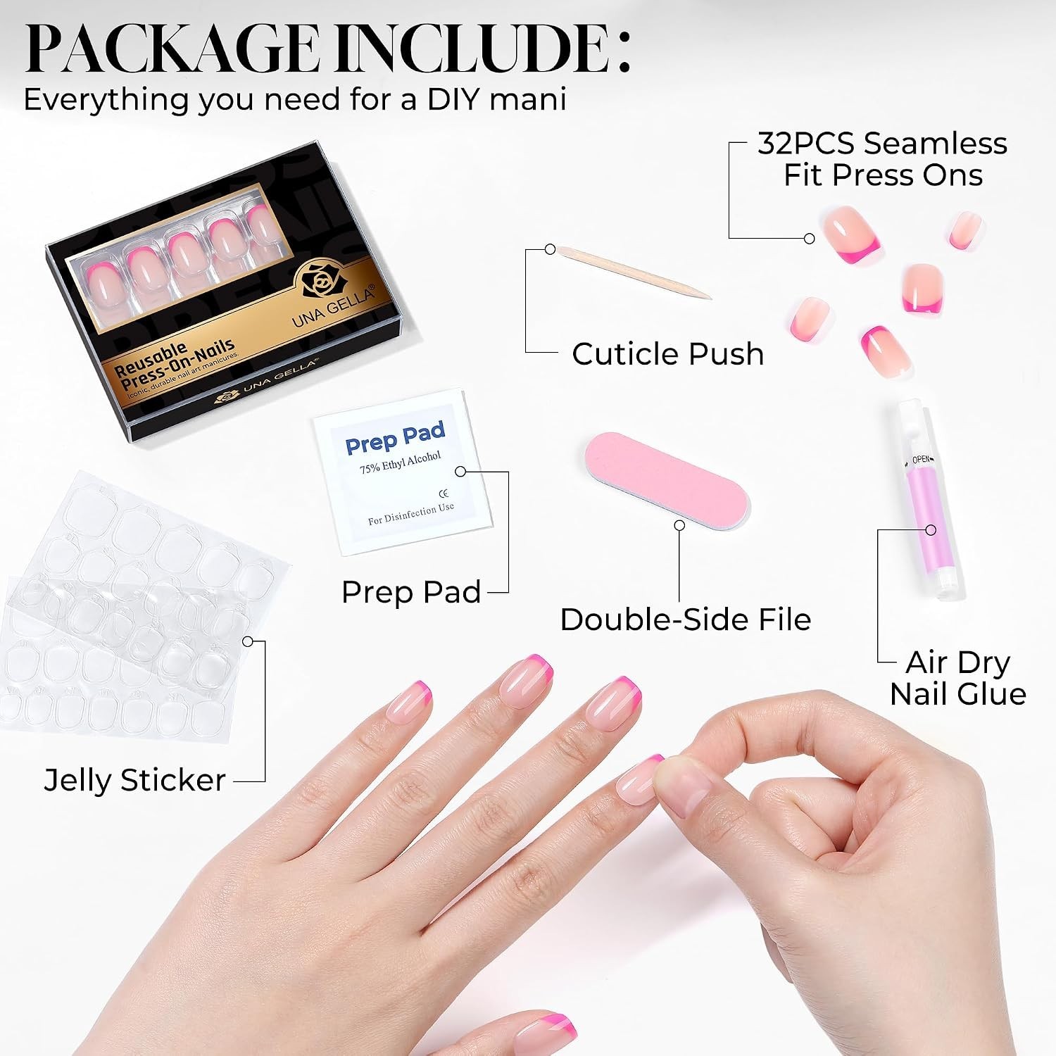 32Pcs Soft Gel Press on Nails – 16 Sizes Hot Pink French Tip Short Square Glu…