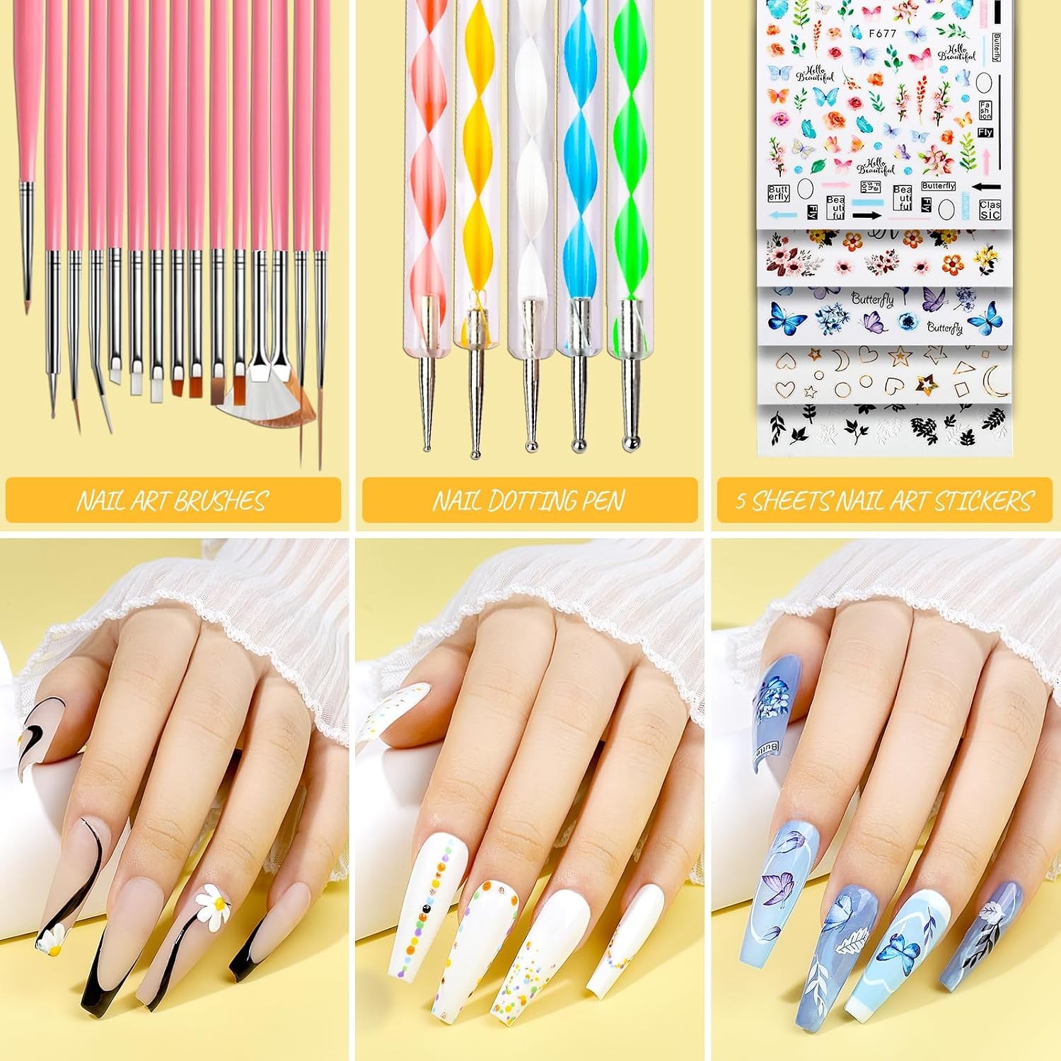 Teenitor Press On Nail Kit: Coffin Tips, Brushes, Glitter & Rhinestones