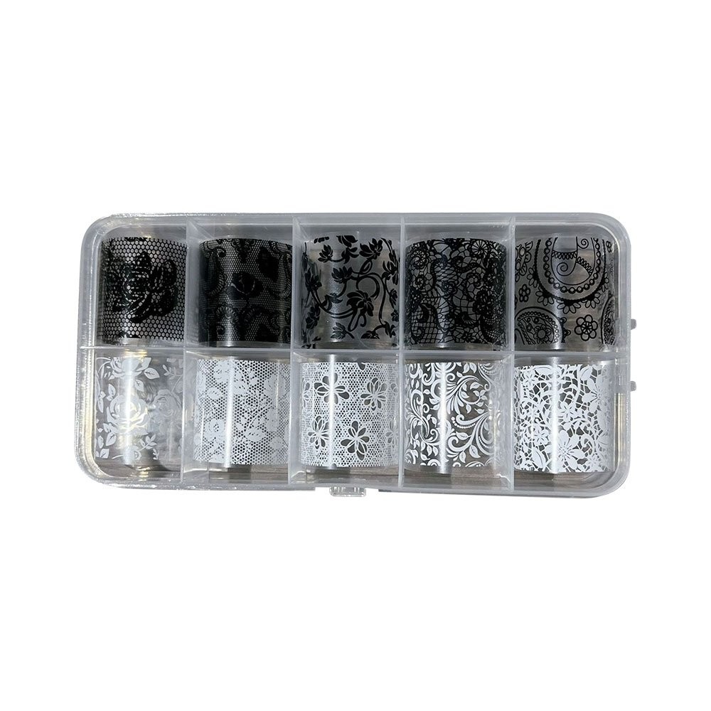 10 Rolls Sexy Lace Nail Foils Black White Transfer Paper Nail Art Stickers AE