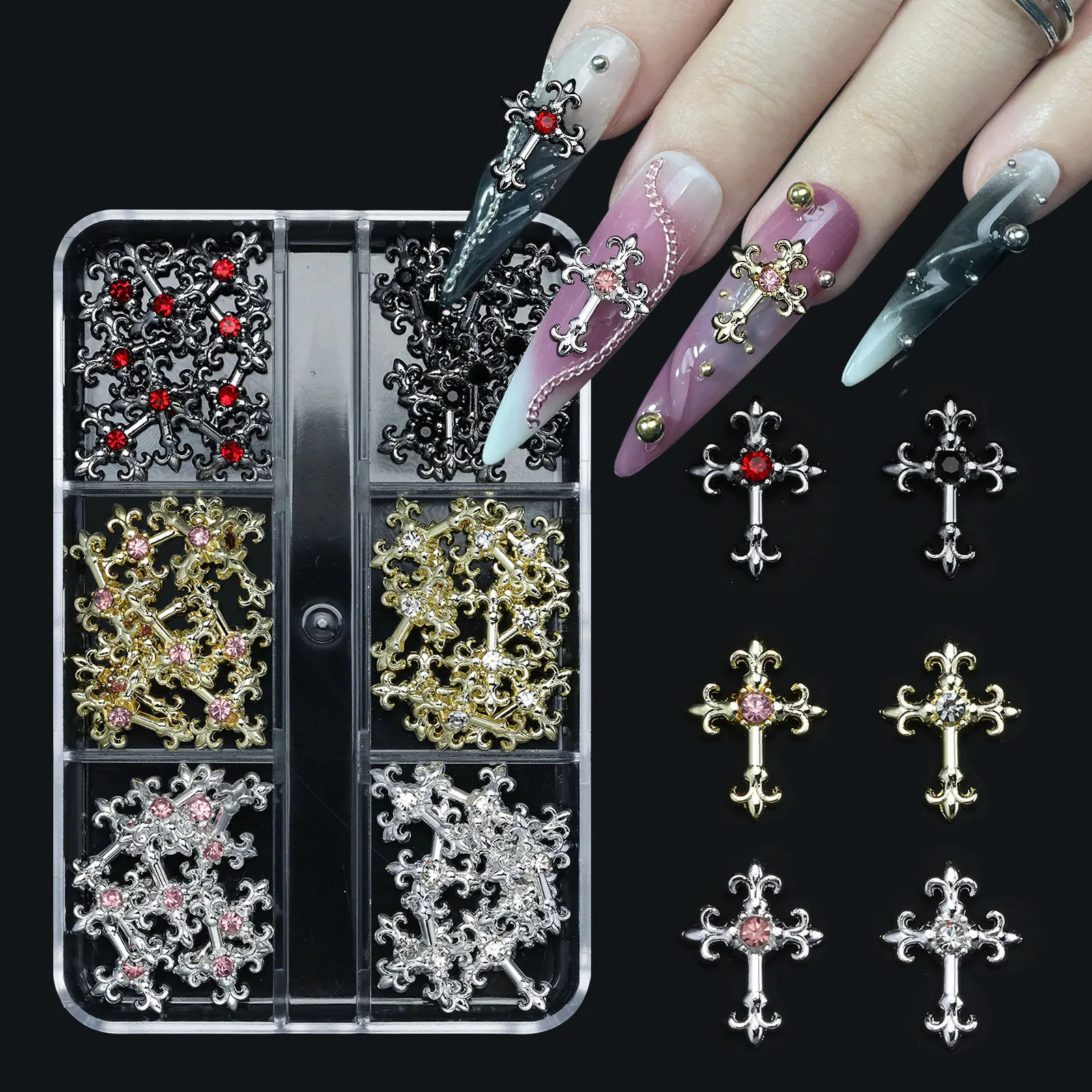 Y2K Retro 3D Cross Rhinestone Nail Charms Boxed Alloy Punk Nail Art Decoration