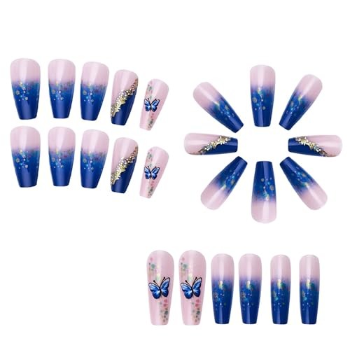 Press On Nails Medium Artificial Acrylic Gold Foil Blue Butterfly and Sequins