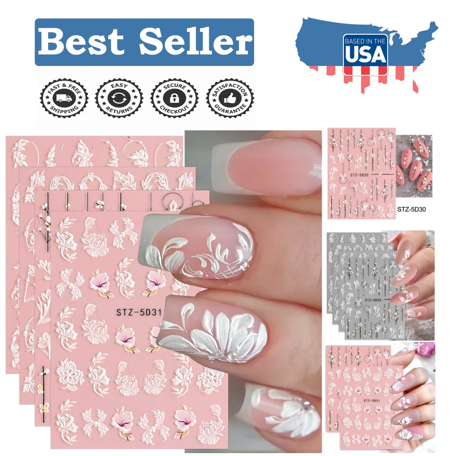 Creative Flower Nail Art Stickers – 4 Embossed Self-Adhesive Sheets for DIY Fun