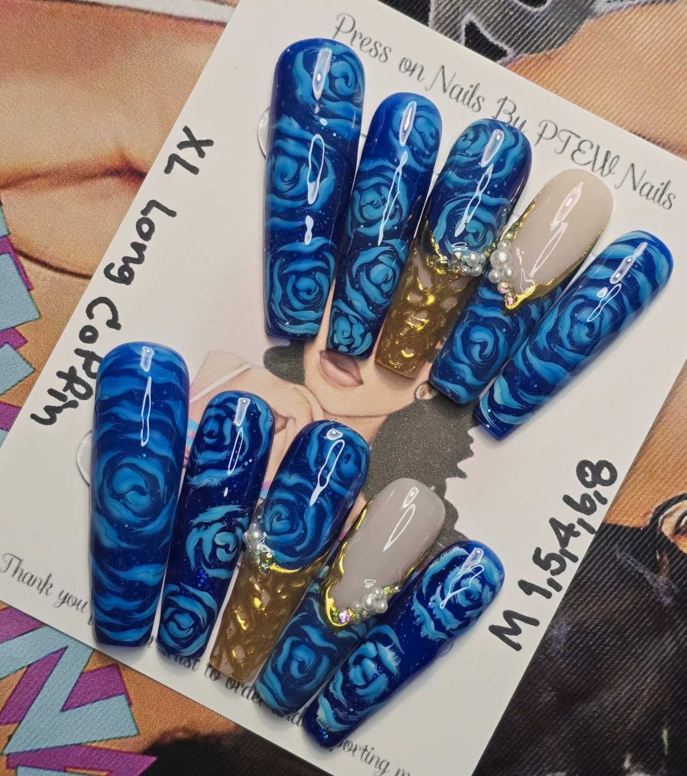 Handmade Gel Press On Nails,V Rose Nails,Medium Size 1,5,4,6,8 XL Long Coffin