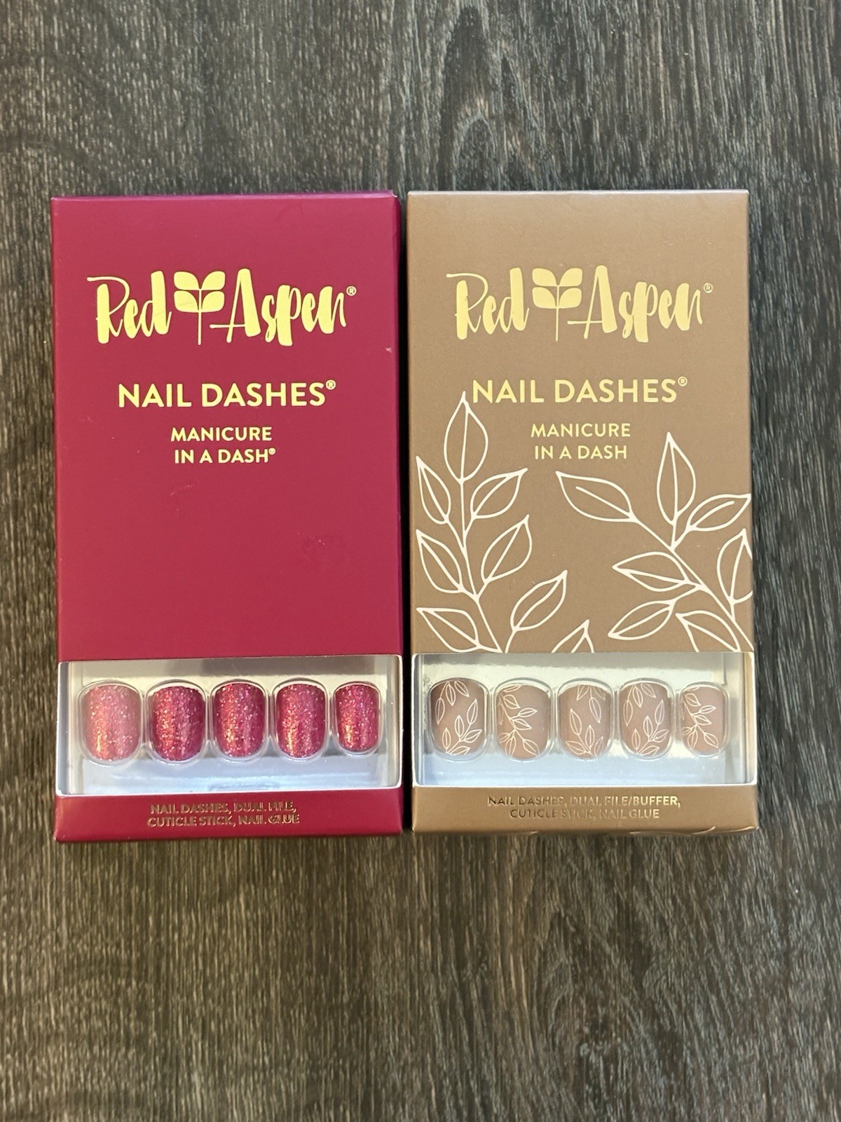 Lot of 2 NIB Red Aspen Nail Dashes Press On Nails Brown Leaf Design Pink Glitter