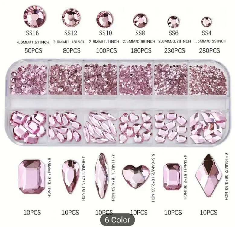 12 Grids, 3-D Multi-Shaped Glass Nail Art Crystal Nail Art Gems Pink