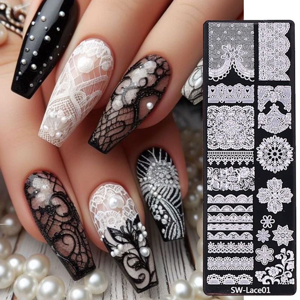 Lace Pattern French Tip Metal Nail Stamping Plate Seamless Lace Check Flowers