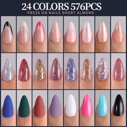 Press on Nails, 24 Colors 576PCS matte/glossy/glitter/french almond nails