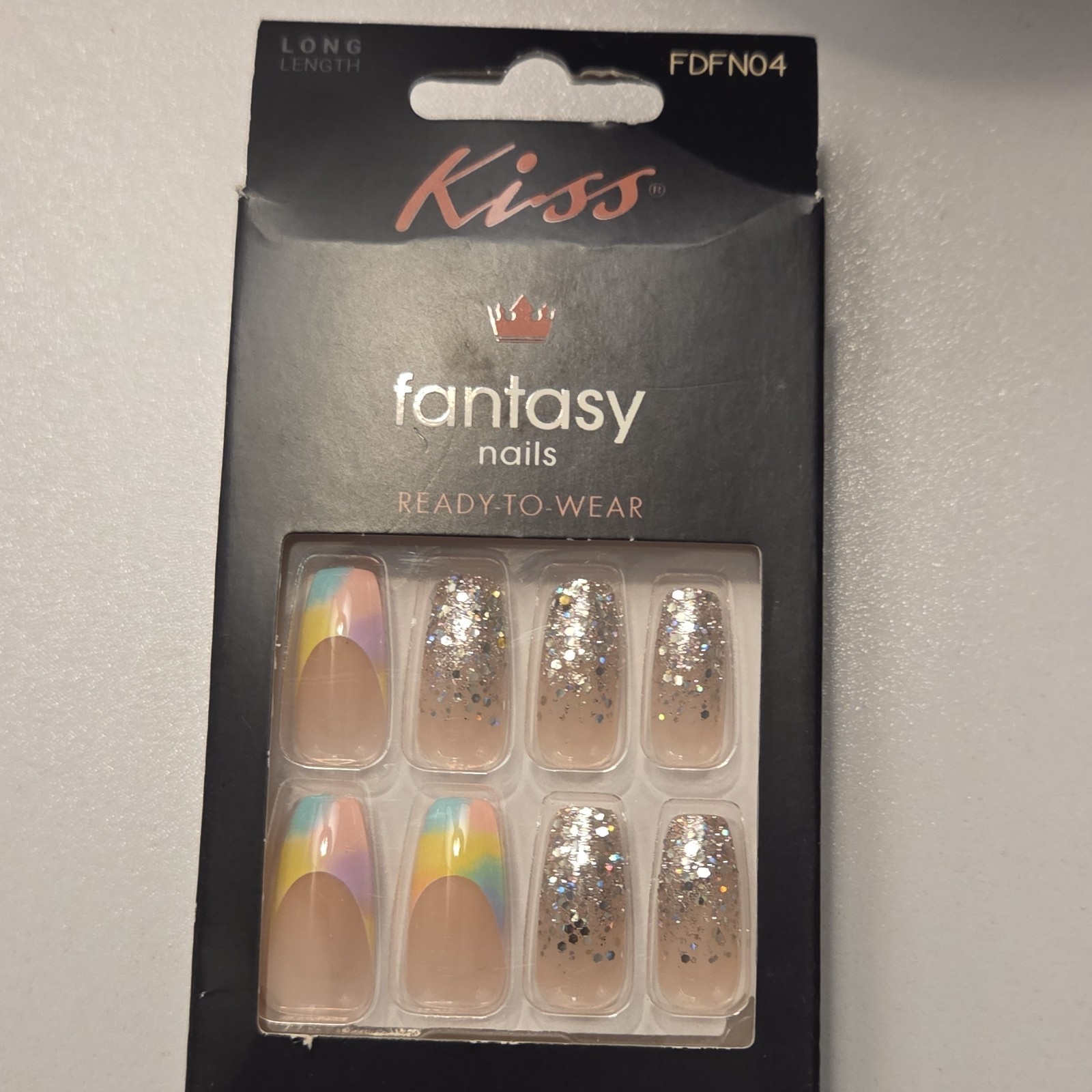 Kiss Press-On Nails, Multicolor Glitter, Long Square, Rainbow Sparkle, FDFN04