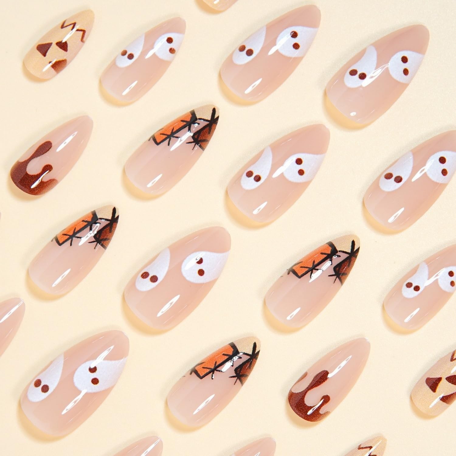 Halloween Press on Nails Medium Almond OFDNE French Tip Fake Nails Cute False…