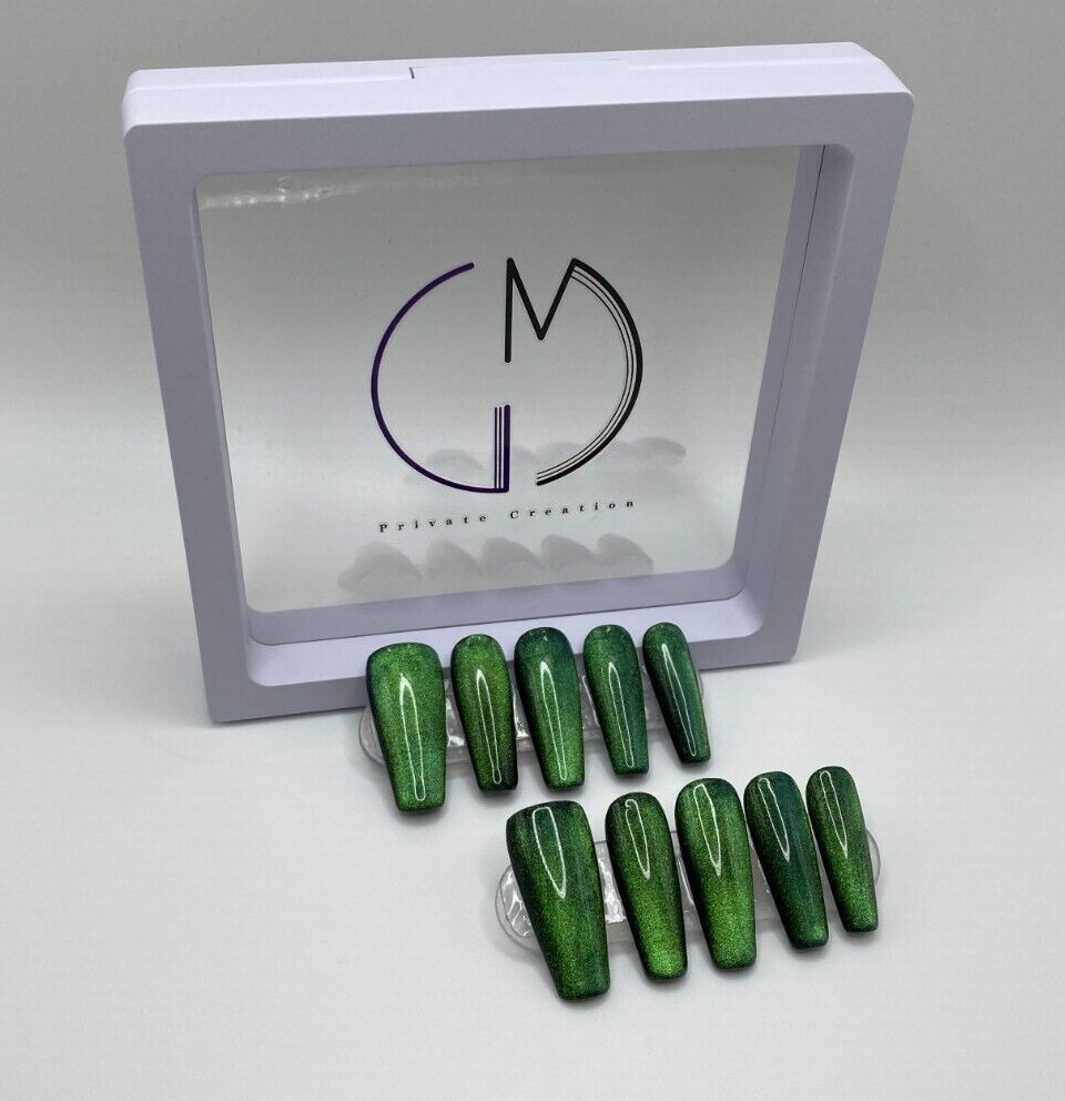 Witchy Blue Green Color-Shifting Cat Eye Coffin Press on Nails Hand Painted Nail