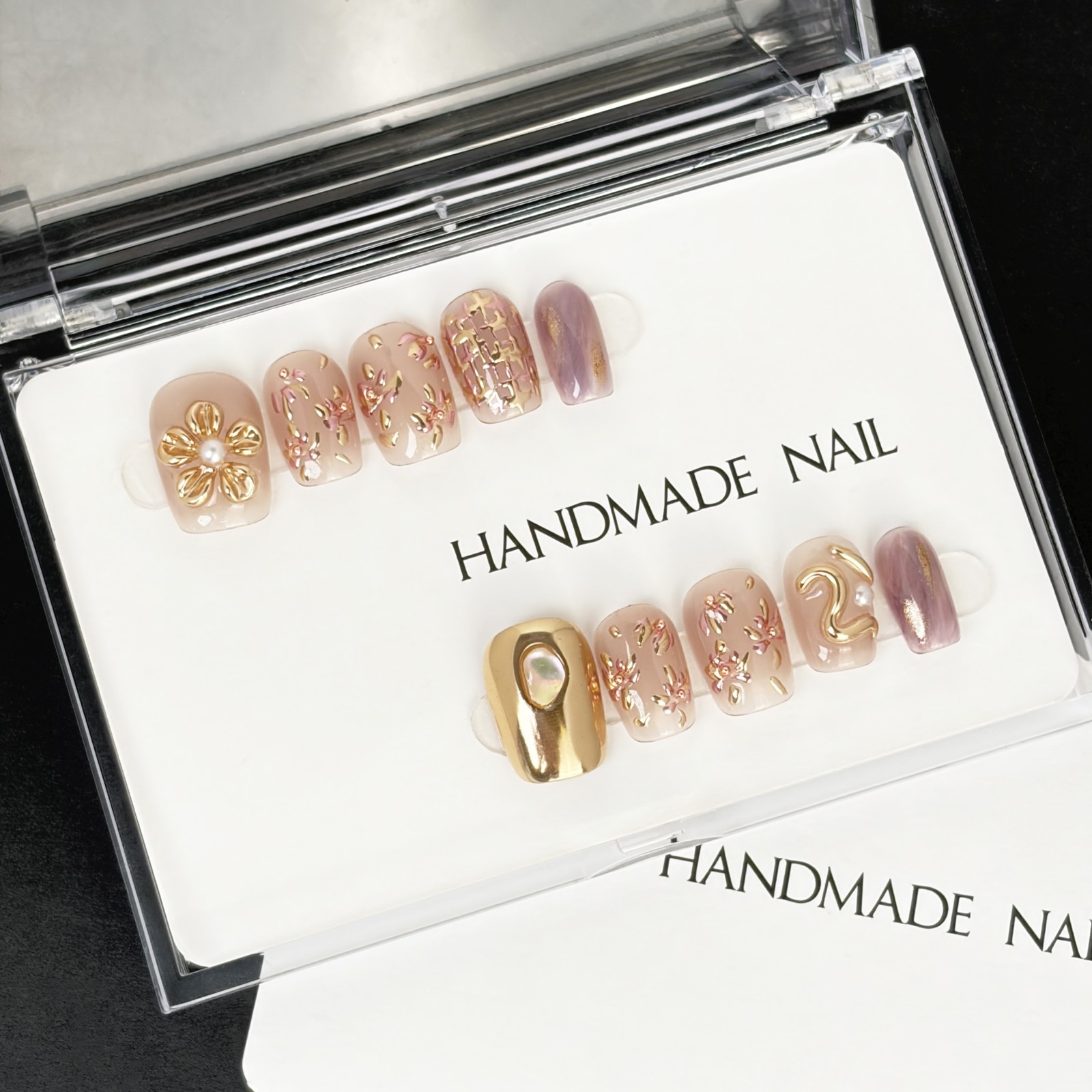 Pink Purple Press On Nails Short Square Gold Flower Pearl Handmade Set gift