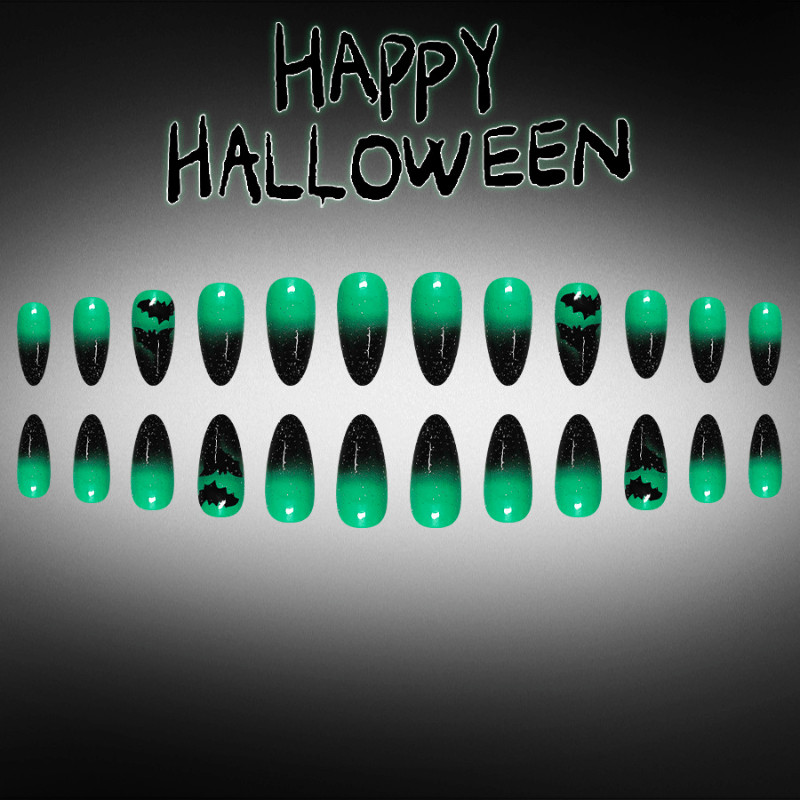 48Pcs-Long Almond Green Black Gradient Bat Glitter Press on Nails Set