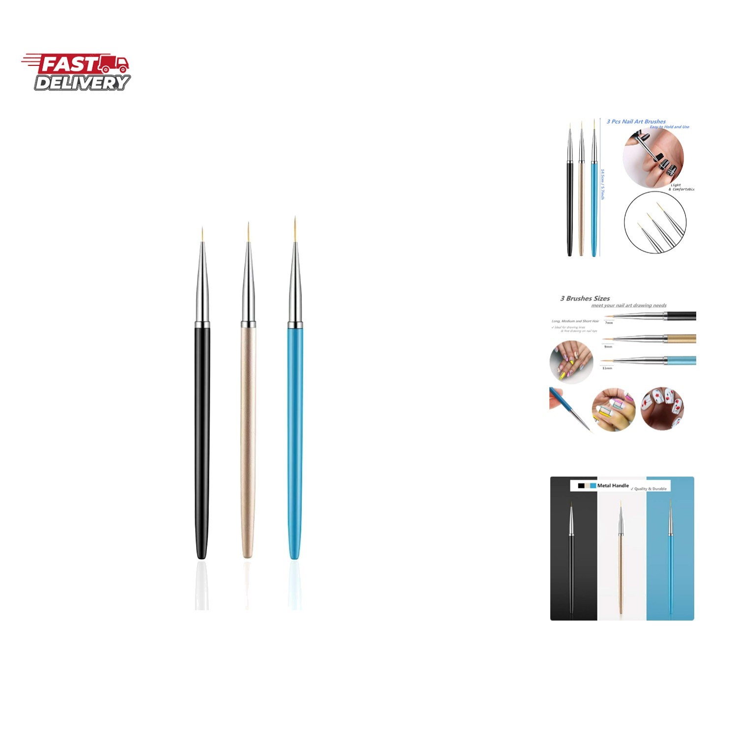 3PCS Nail Art Liner Brushes, UV Gel Painting Acrylic Nail Design Nylon Brush,…