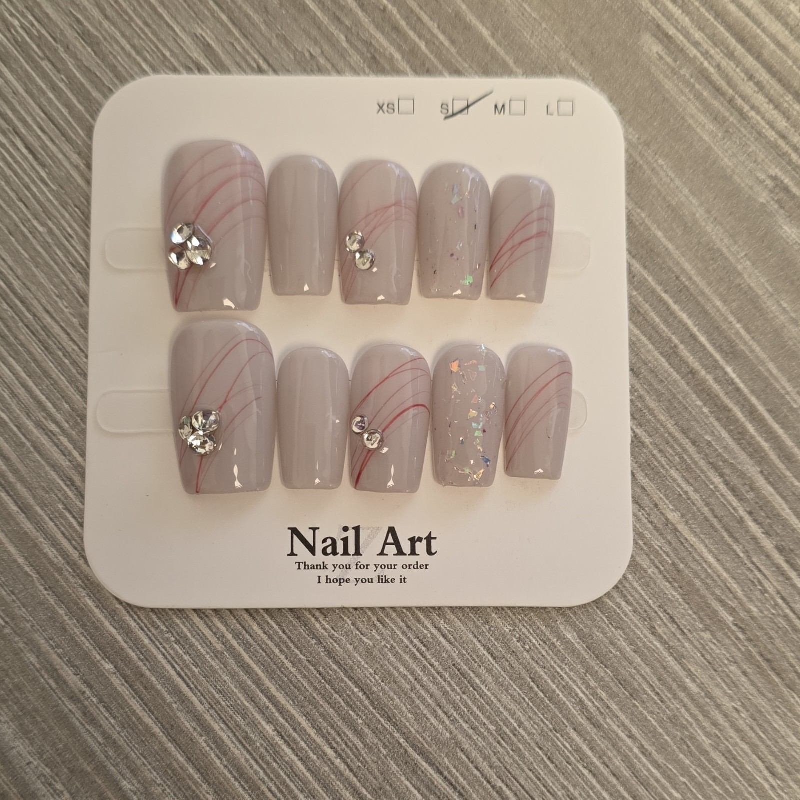 Light Gray Red Silver 3D Rhinestone Small-Medium Square Press-On Nails Set