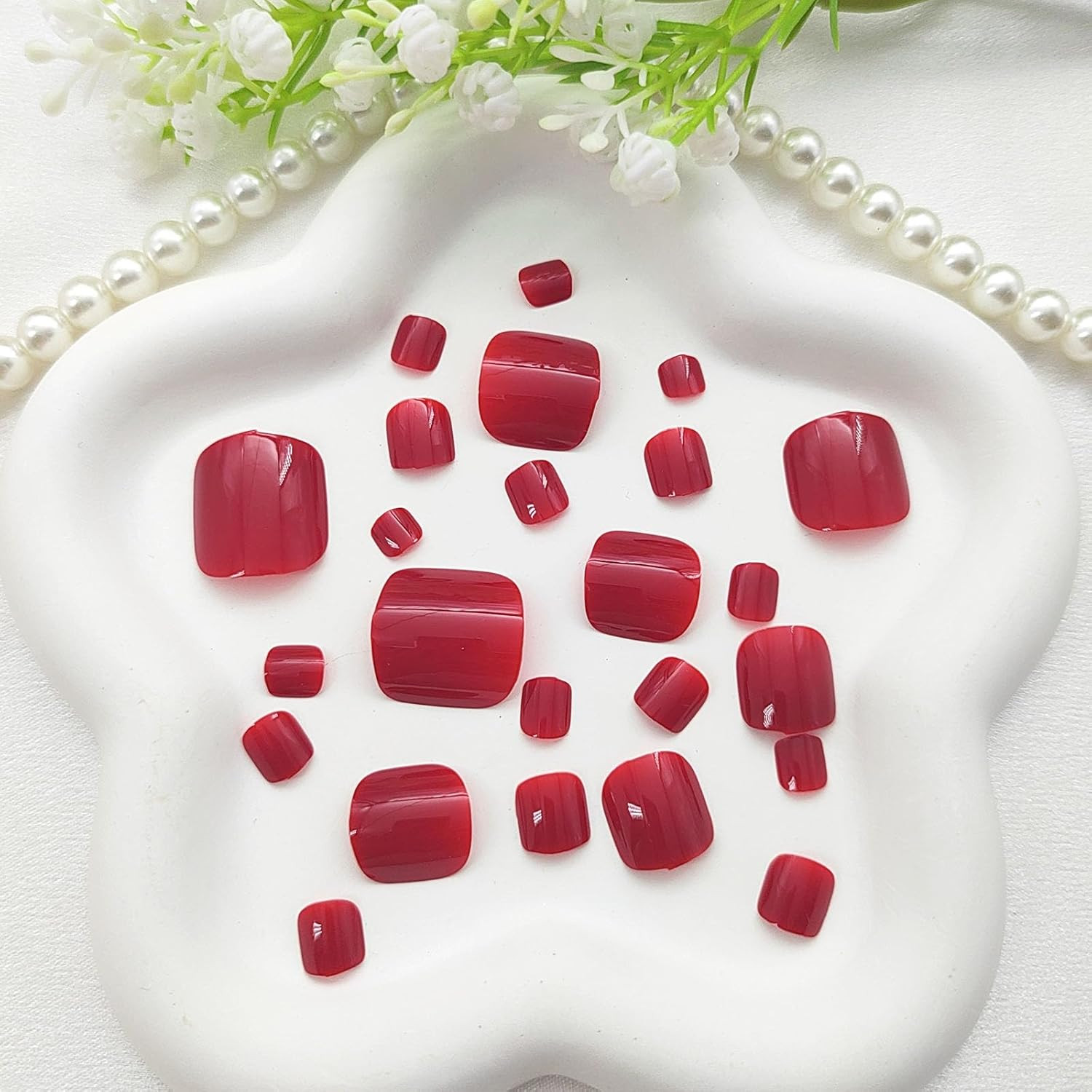 Short Square Acrylic Press-On Toenails – Glossy Red Full Cover, 24 Pcs