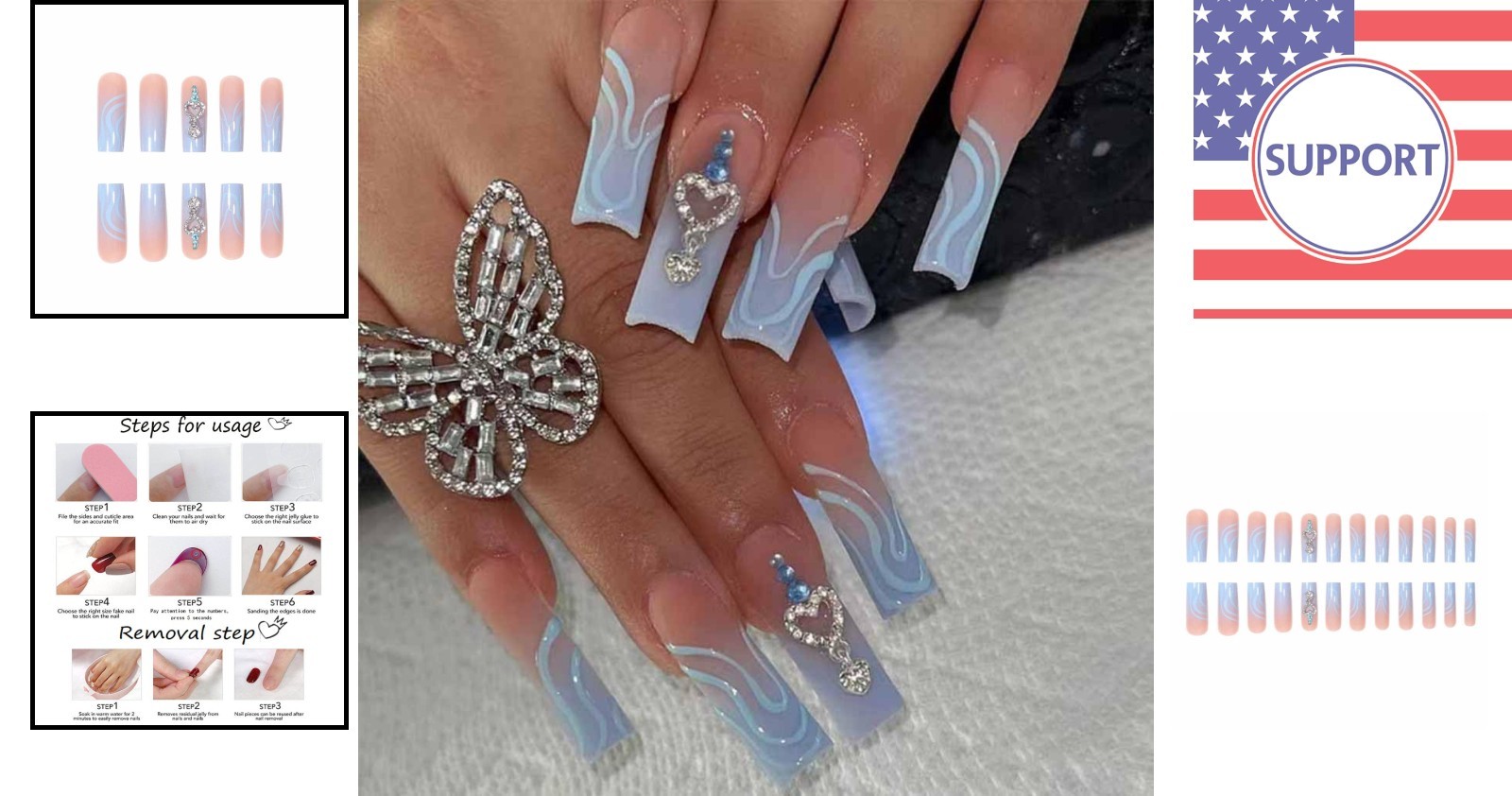 Trendy Blue Press On Nails with Rhinestones – Perfect for Any Occasion – 24PCS