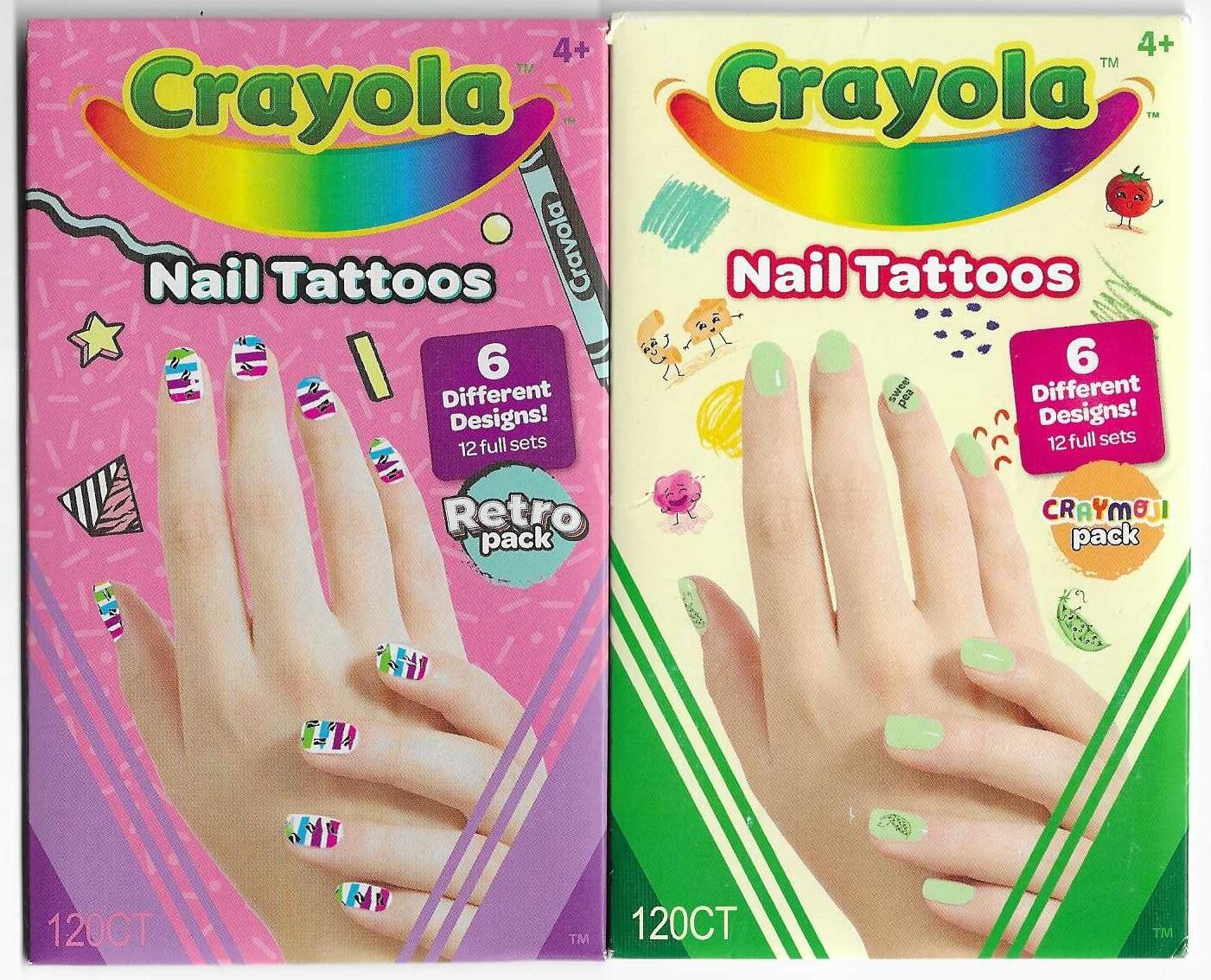 (2) Crayola Nail Tattoos – Retro & Craymoji Packs – Total 12 Designs/240 Count
