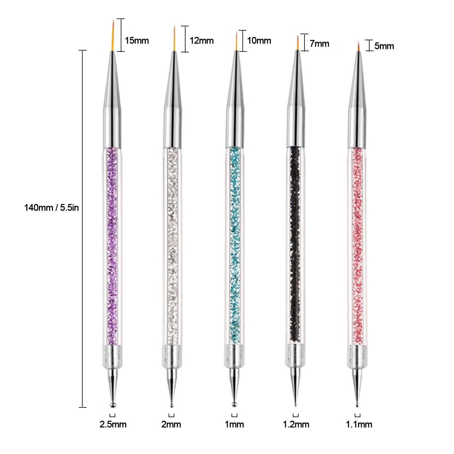 5-Piece Double Ended Nail Art Brush Set with Liner Brushes 5mm to 15mm and