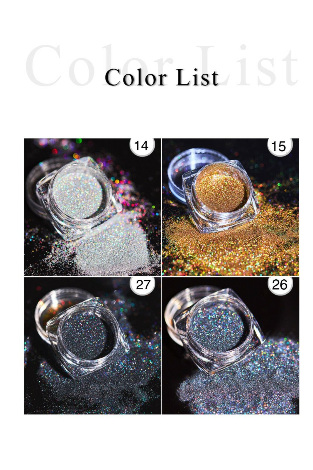 Holographic Nail Glitter Powder 4 piece SET Silver Grey Black Gold Unicorn Laser
